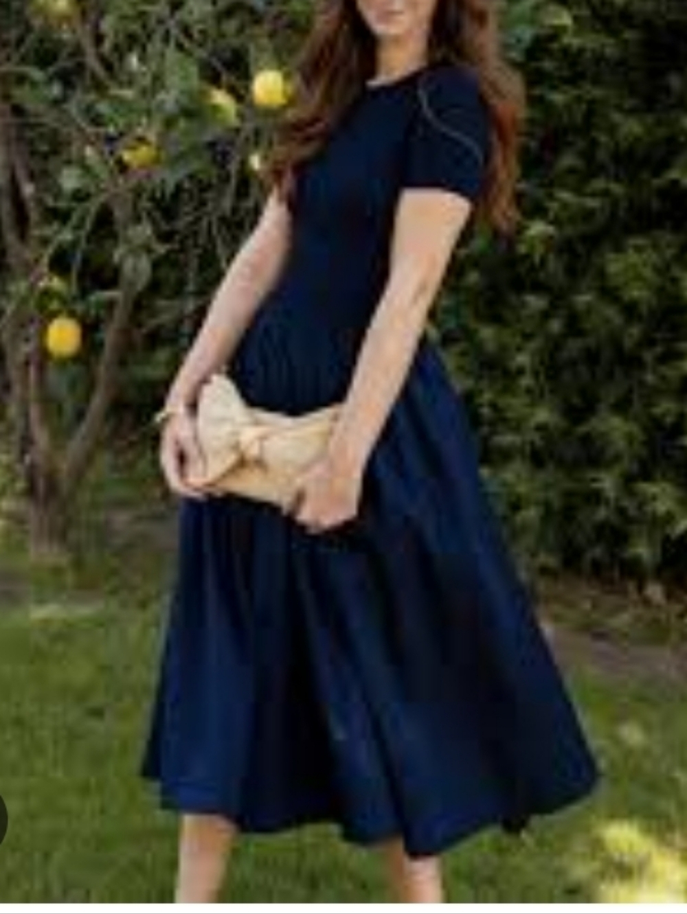 STAUD Ysabel Navy Blue Short-Sleeve Knit Bodice Long Dress With Pockets Sz-L - Picture 10 of 13